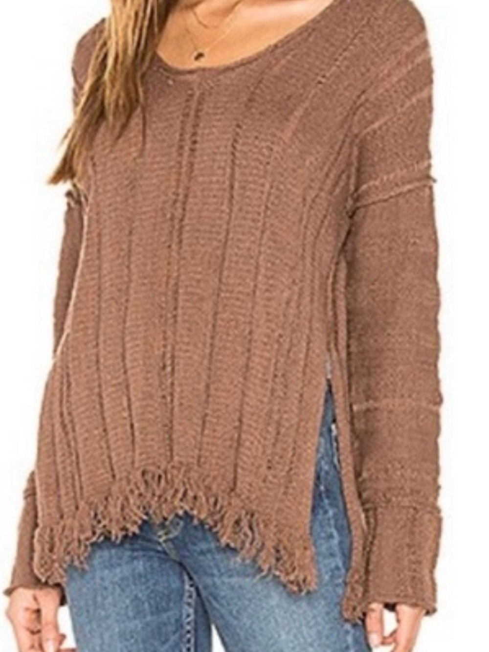 Free People Ocean Drive Fringe Distressed Textured Sweater Brown Small pre-owned